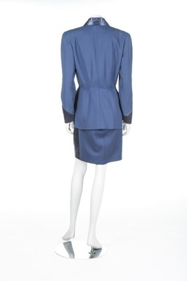 Lot 32 - A Thierry Mugler blue wool and satin suit,...