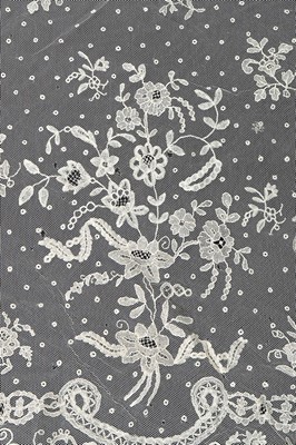 Lot 398 - A Brussels mixed lace tri-angular bridal veil,...