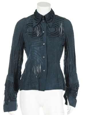 Lot 185 - A John Galliano peacock-blue distressed-effect...