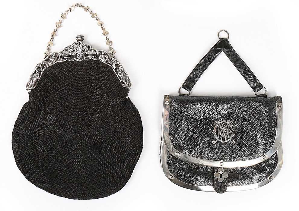 Lot 232 - Five black purses with silver frames...