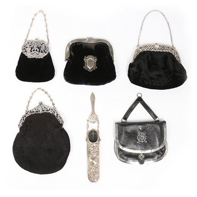 Lot 232 - Five black purses with silver frames...