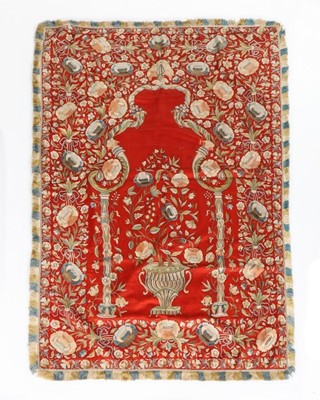 Lot 345 - A fine embroidered scarlet wool prayer hanging,...