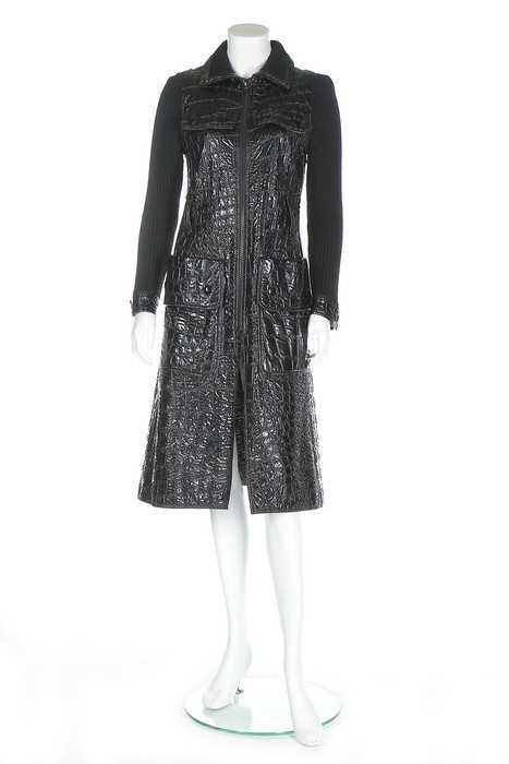 Lot 178 - A Courregès couture black vinyl mock croc coat,...