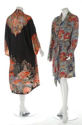 Lot 251 - Seven printed silk or rayon kimonos and a...