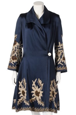 Lot 379 - A good midnight-blue satin coat with crewel...