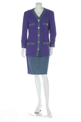 Lot 155 - A Chanel purple tweed and denim suit, 1990s,...