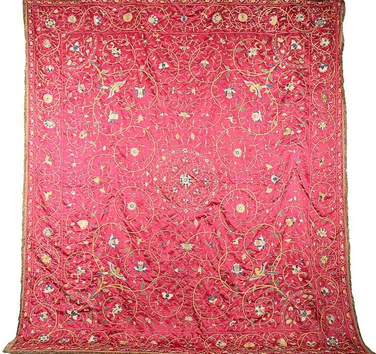 Lot 417 - A fine embroidered satin coverlet, Chinese for...