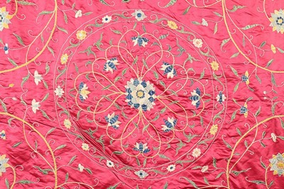 Lot 417 - A fine embroidered satin coverlet, Chinese for...