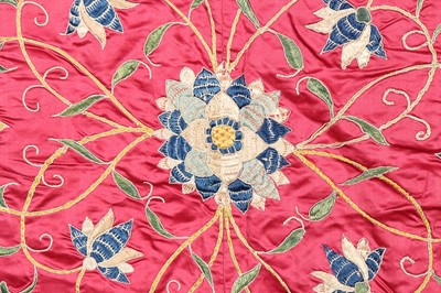 Lot 417 - A fine embroidered satin coverlet, Chinese for...