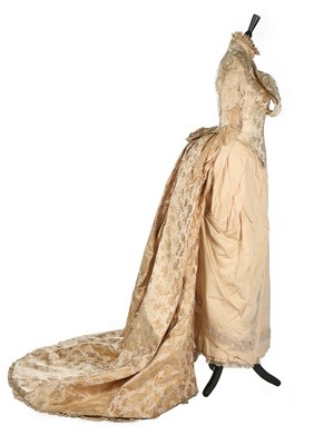 Lot 301 - An ivory damask satin wedding dress, late...