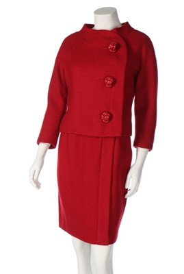 Lot 196 - A Pierre Cardin cherry-red tweed suit, circa...