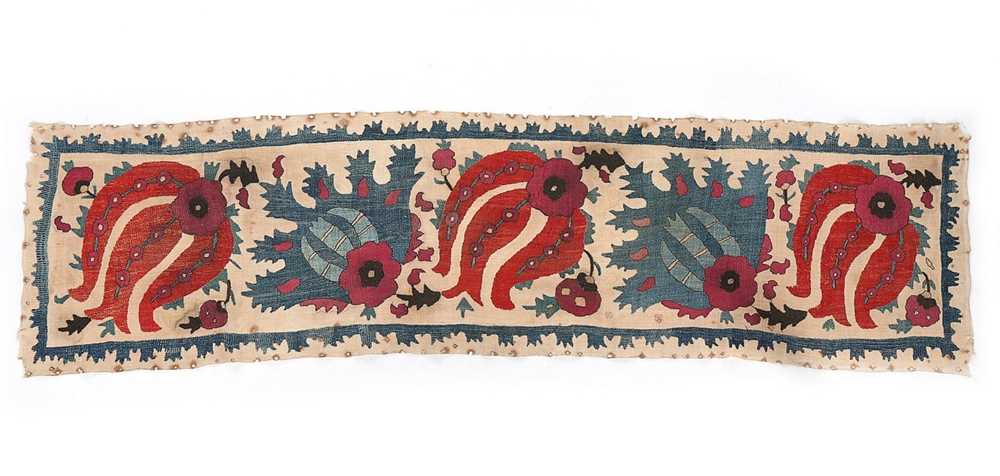 Click for high resolution Lot 375 - A fine embroidered linen bolster panel,...