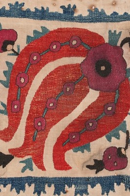 Lot 375 - A fine embroidered linen bolster panel,...