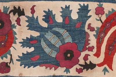 Lot 375 - A fine embroidered linen bolster panel,...