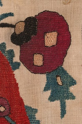 Lot 375 - A fine embroidered linen bolster panel,...