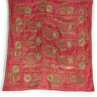 Lot 398 - An embroidered rose-pink satin bocha, Ottoman,...