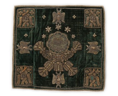 Lot 343 - A Russian Orthodox embroidered green velvet...