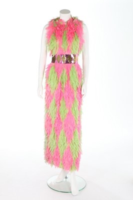 Lot 193 - A Galanos shocking pink and lime feather dress,...