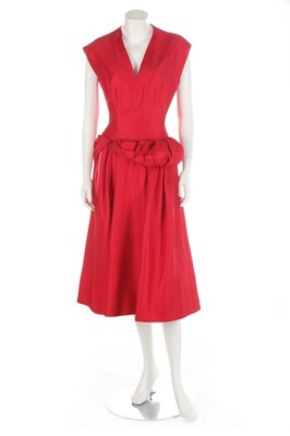 Lot 12 - A red silk couture dress, circa 1955, with...