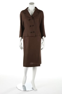 Lot 148 - A Balenciaga couture brown herringbone-weave...