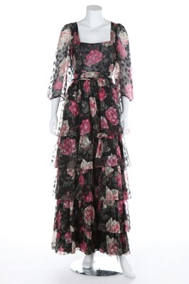 Lot 168 - A Thea Porter tiered rose-printed chiffon...