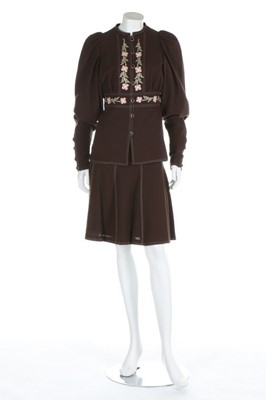 Lot 182 - A Bill Gibb embroidered brown wool suit, 1970s,...