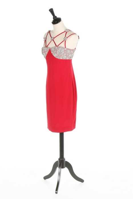 Lot 236 - A James Galanos red silk crepe and rhinestone...