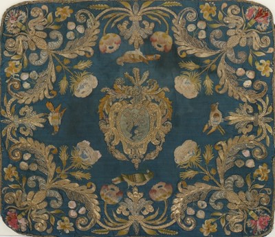 Lot 346 - An embroidered blue silk chalice veil, circa...