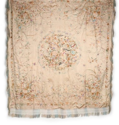 Lot 422 - An embroidered and painted ivory satin...