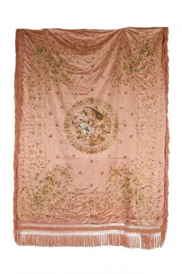 Lot 488 - An embroidered pink satin coverlet, Chinese...