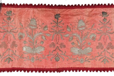 Lot 489 - An embroidered pink moiré pelmet panel,...