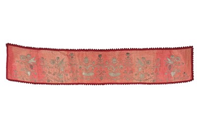 Lot 489 - An embroidered pink moiré pelmet panel,...