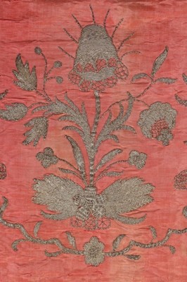 Lot 489 - An embroidered pink moiré pelmet panel,...