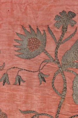 Lot 489 - An embroidered pink moiré pelmet panel,...