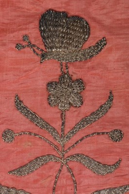 Lot 489 - An embroidered pink moiré pelmet panel,...