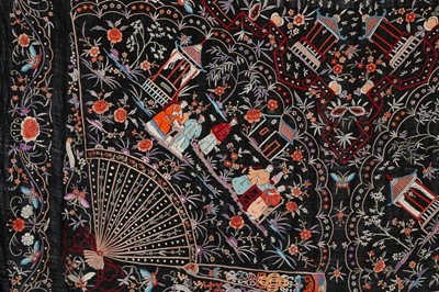 Lot 491 - A good embroidered figurative Cantonese shawl,...