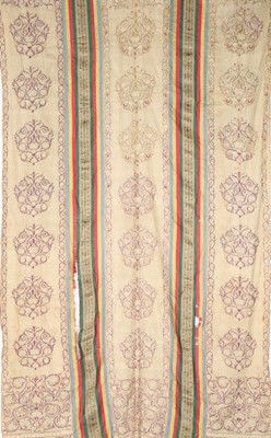 Lot 380 - A finely embroidered bed curtain panel,...