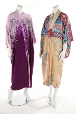 Lot 126 - Two printed silk kimonos, 1950s-60s, in shades...