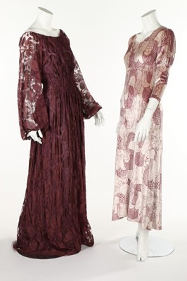 Lot 174 - A John Bates mauve lace maxi dress, late 1960s-...