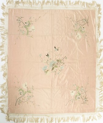 Lot 252 - An embroidered pink satin shawl or cover,...