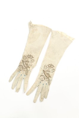 Lot 367 - A pair of embroidered grey leather gloves,...