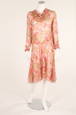 Lot 34 - A pink floral printed chiffon dress, 1930s,...