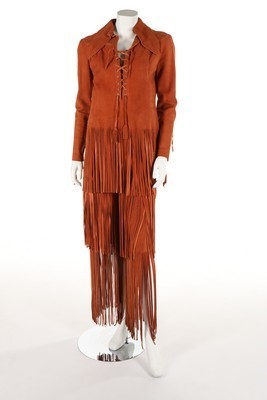 Lot 219 - An Ossie Clark orange 'Marisa' suede ensemble,...