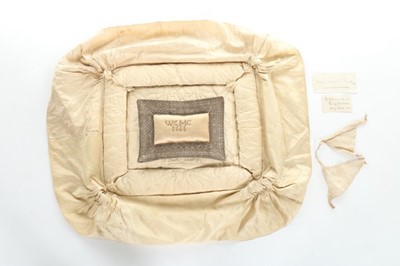 Lot 30 - A satin pin cushion and quilted layette or...