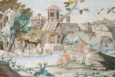 Lot 440 - A pictorial laid floss silk pelmet panel,...