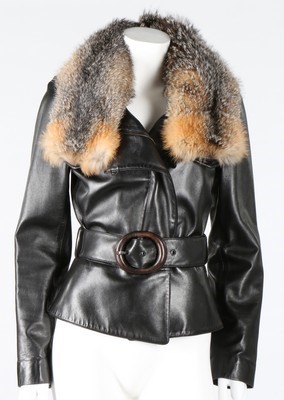 Lot 130 - A Jitrois black leather belted jacket with fox...