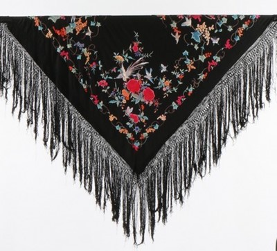 Lot 483 - An embroidered black silk shawl, Cantonese...