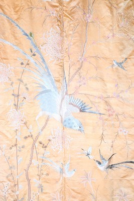 Lot 484 - A pair of embroidered peach satin curtains,...