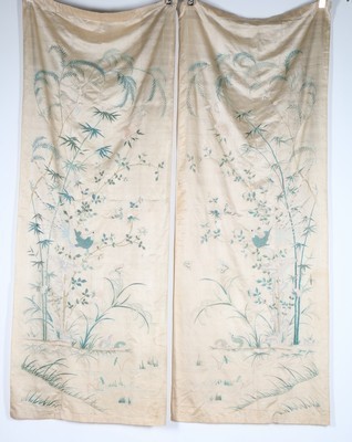 Lot 486 - A pair of embroidered ivory silk curtains,...
