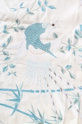 Lot 486 - A pair of embroidered ivory silk curtains,...